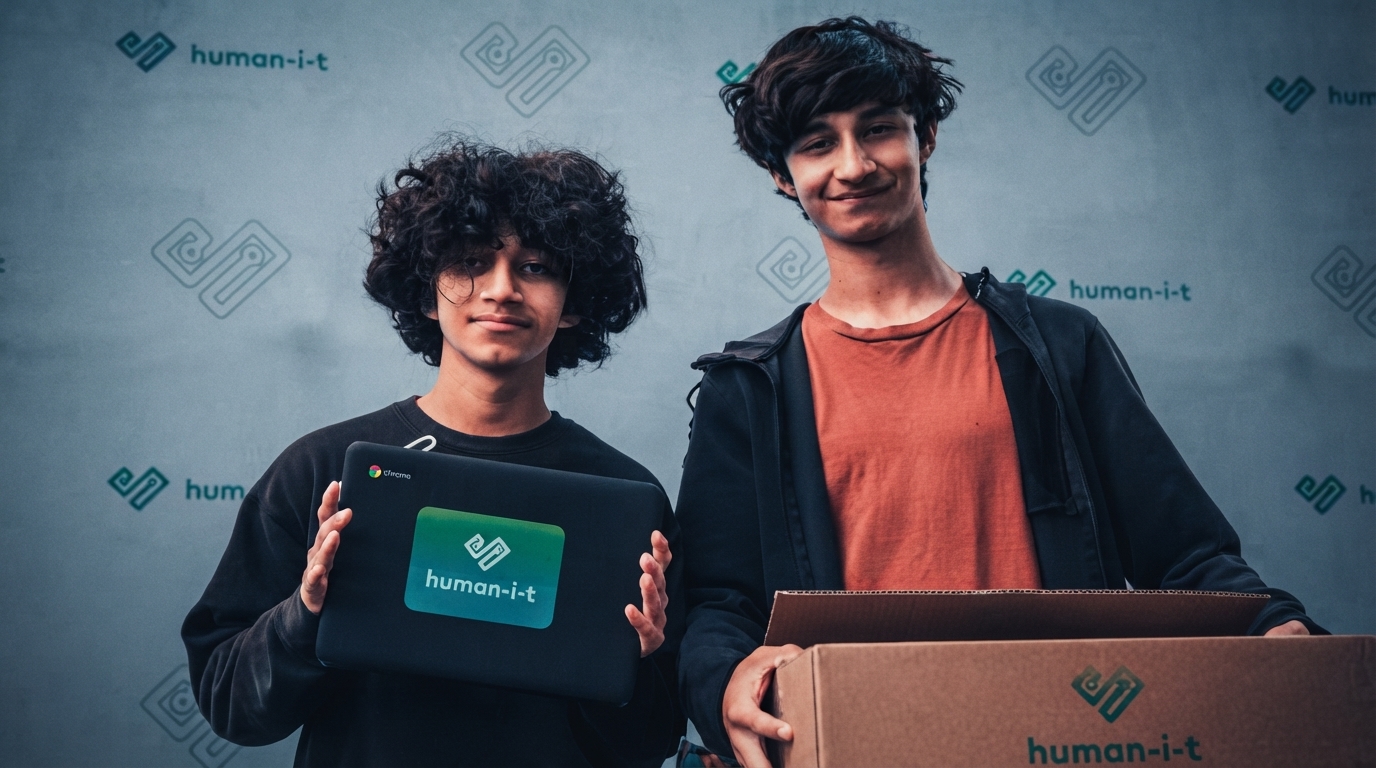 High school students happily unboxing new technology, including laptops and tablets, ready for the school year.