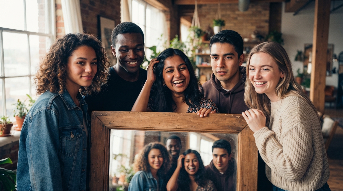Diverse group of young people embracing their authentic selves, reflecting a positive body image in a mirror.