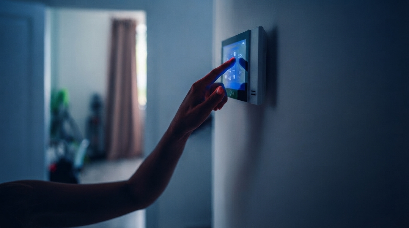 A modern living room showcasing a connected smart home ecosystem with devices like smart speakers, thermostats, and lighting working in harmony.